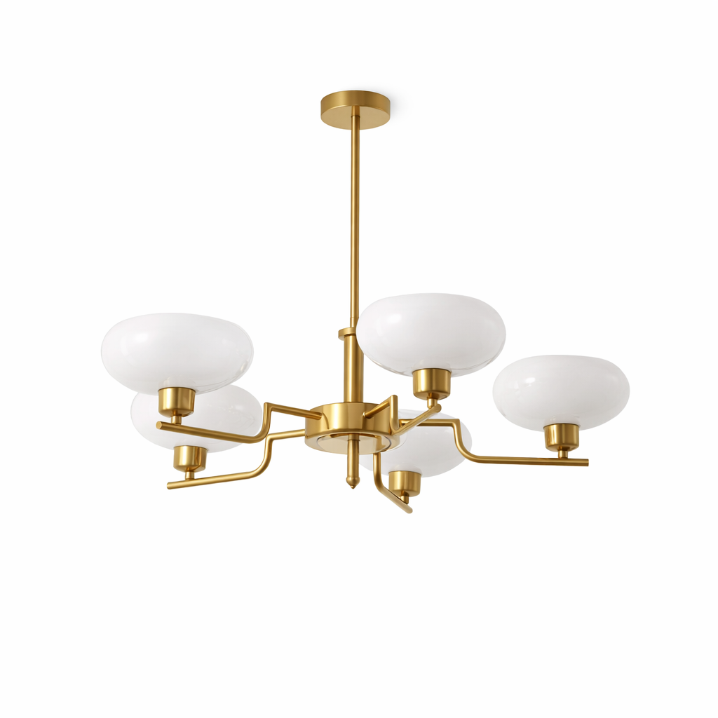 Lustre suspension 5 lumières en verre blanc